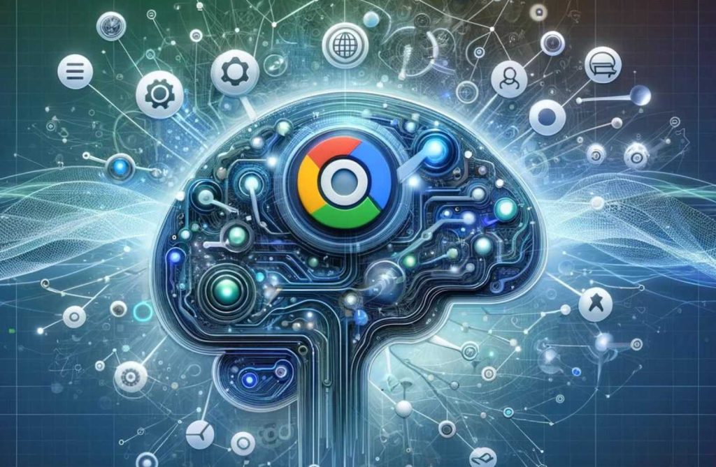 Image representing Google RankBrain. The image features a combination of AI, data processing, and search engine element
