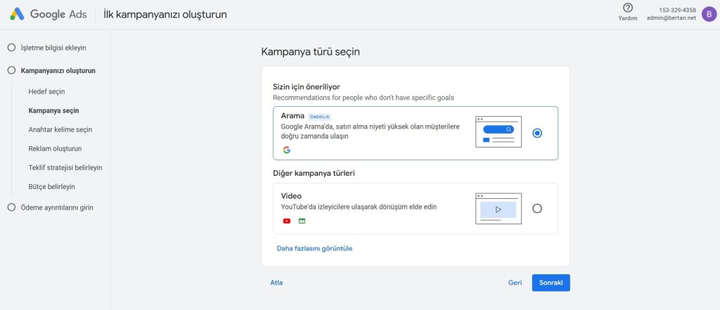 Google Ads - Kampanya Türü Seçimi